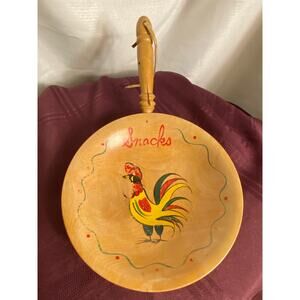 MCM Painted Rooster Wood Snacks Bowl is 7 inches wide Handle adds 5 in. FLAW